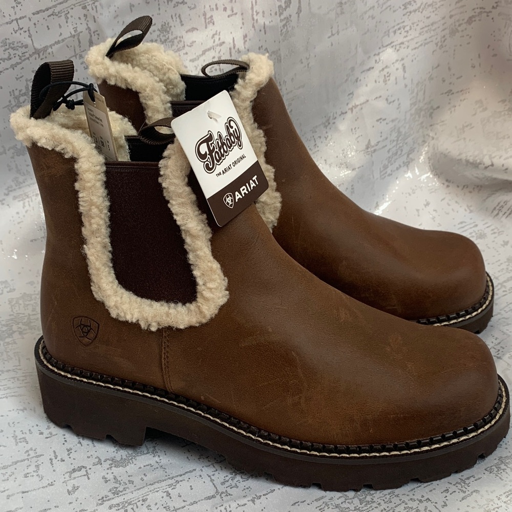 Ariat Brown Leather Chelsea Boots with Cream Shearling Trim
